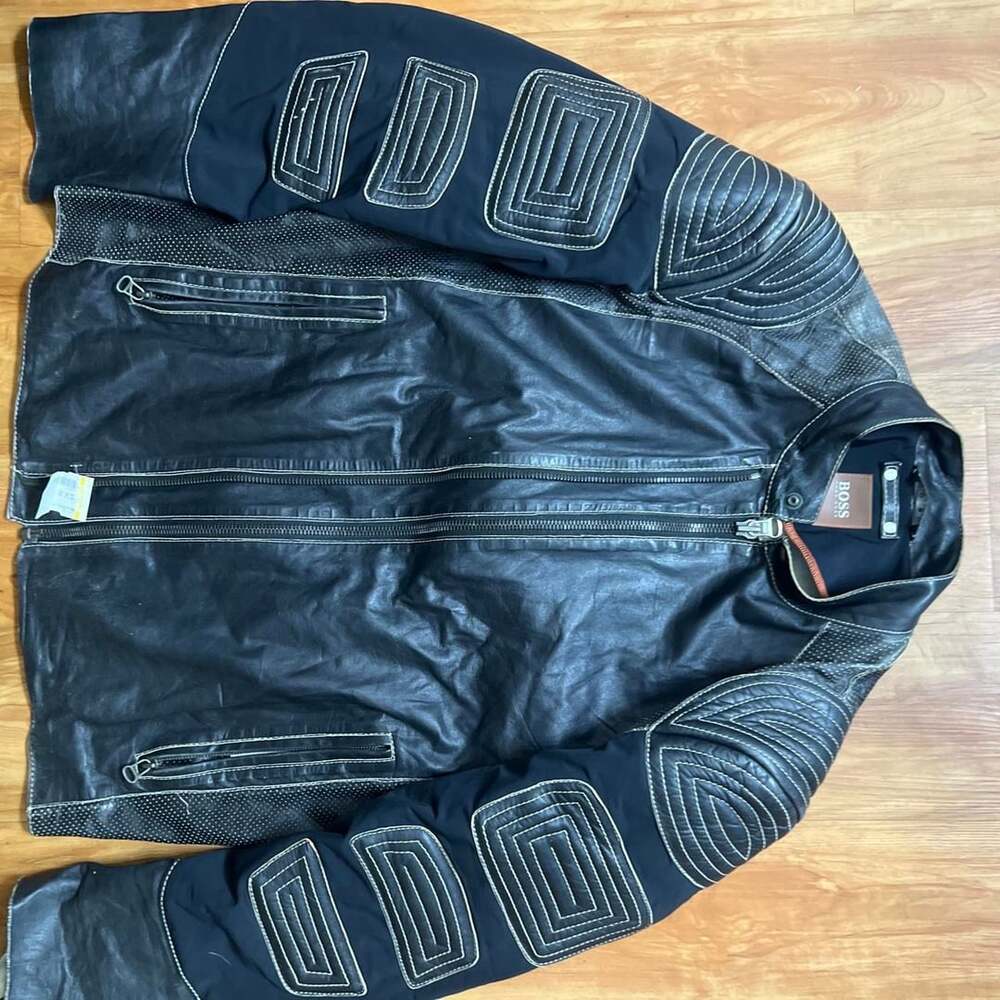 Hugo Boss Leather Jacket Size 42R Black Leather Motorcycle (rip on arm in photo)